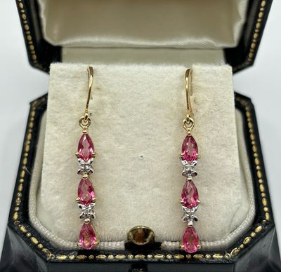 Vintage 9ct Yelllw Gold PPink Sapphire & Diamond Drop Earrings