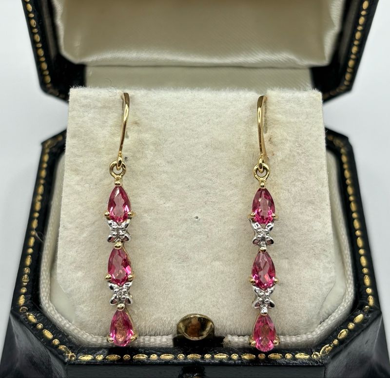 Vintage 9ct Yellow Gold Pink Sapphire & Diamond Drop Earrings