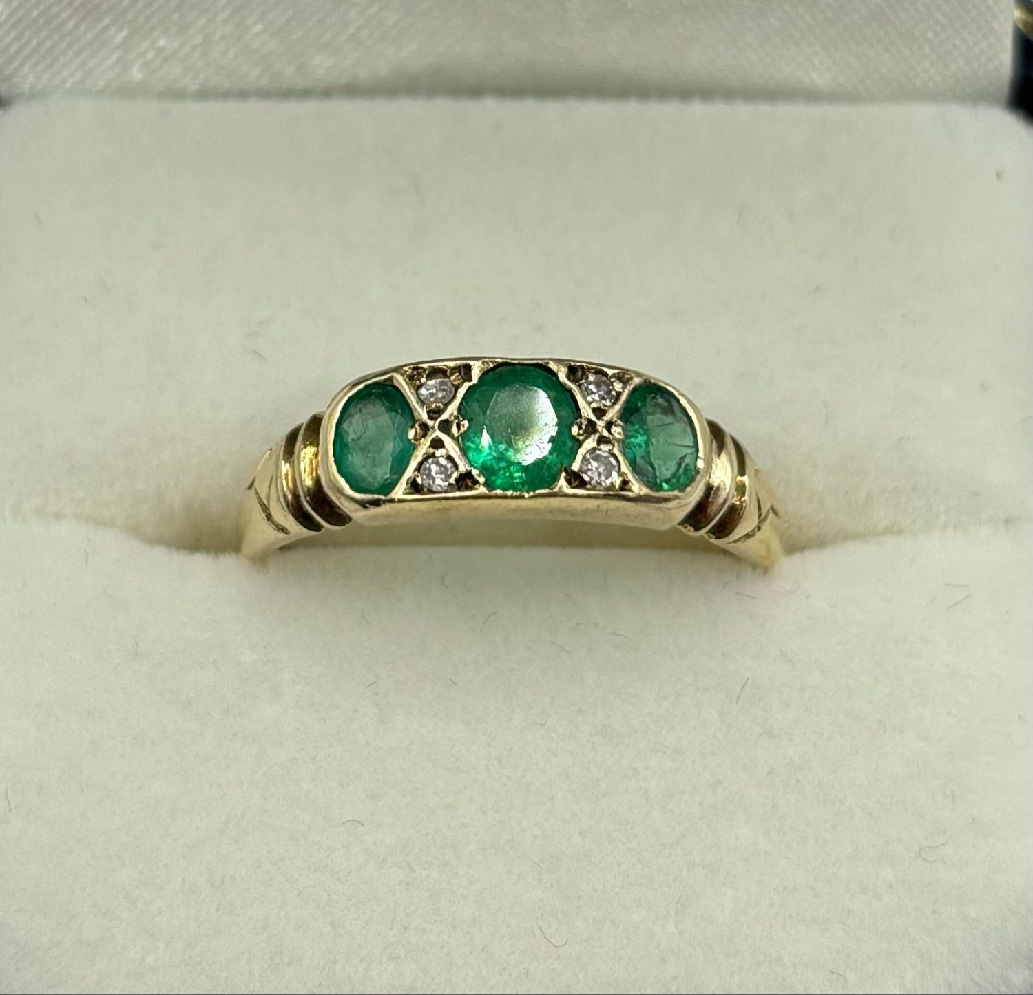 Antique 15ct Yellow Gold Emerald Three Stone Ring With Four Diamonds