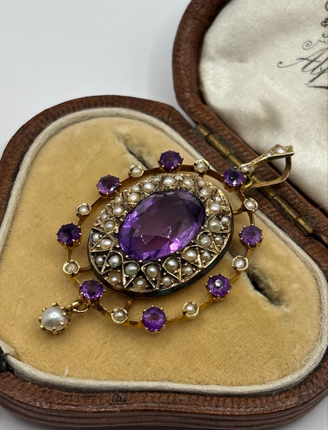 Victorian 9ct Yellow Gold Large Openwork  Amethyst & Seed Pearl Pendant