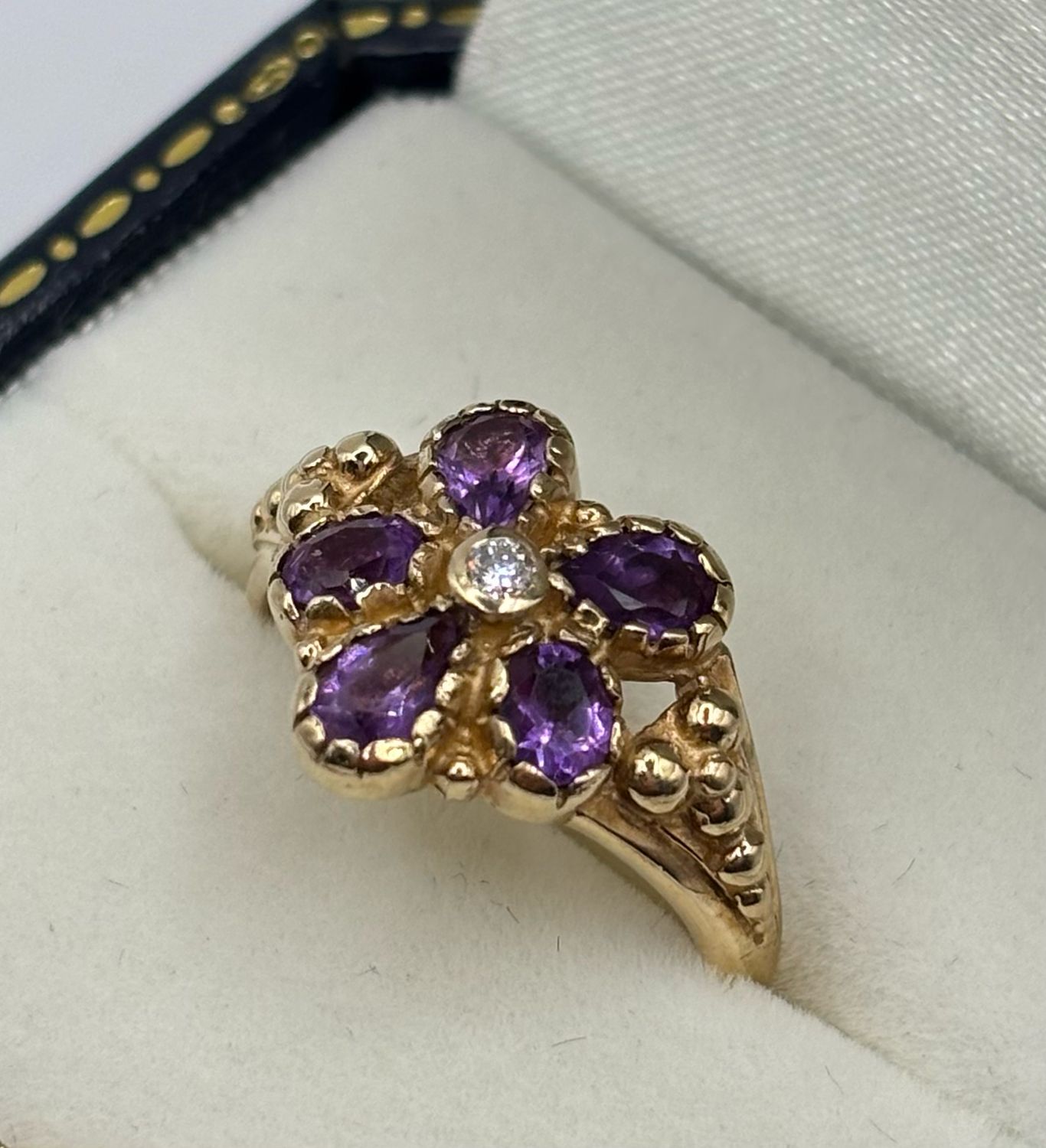 Antique 9ct Yellow Gold Ring With Five Amethyst Petals And A Central Diamond