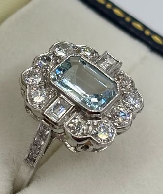 Platinum 1.30ct Aquamarine & 1ct Diamond Deco Style Ring