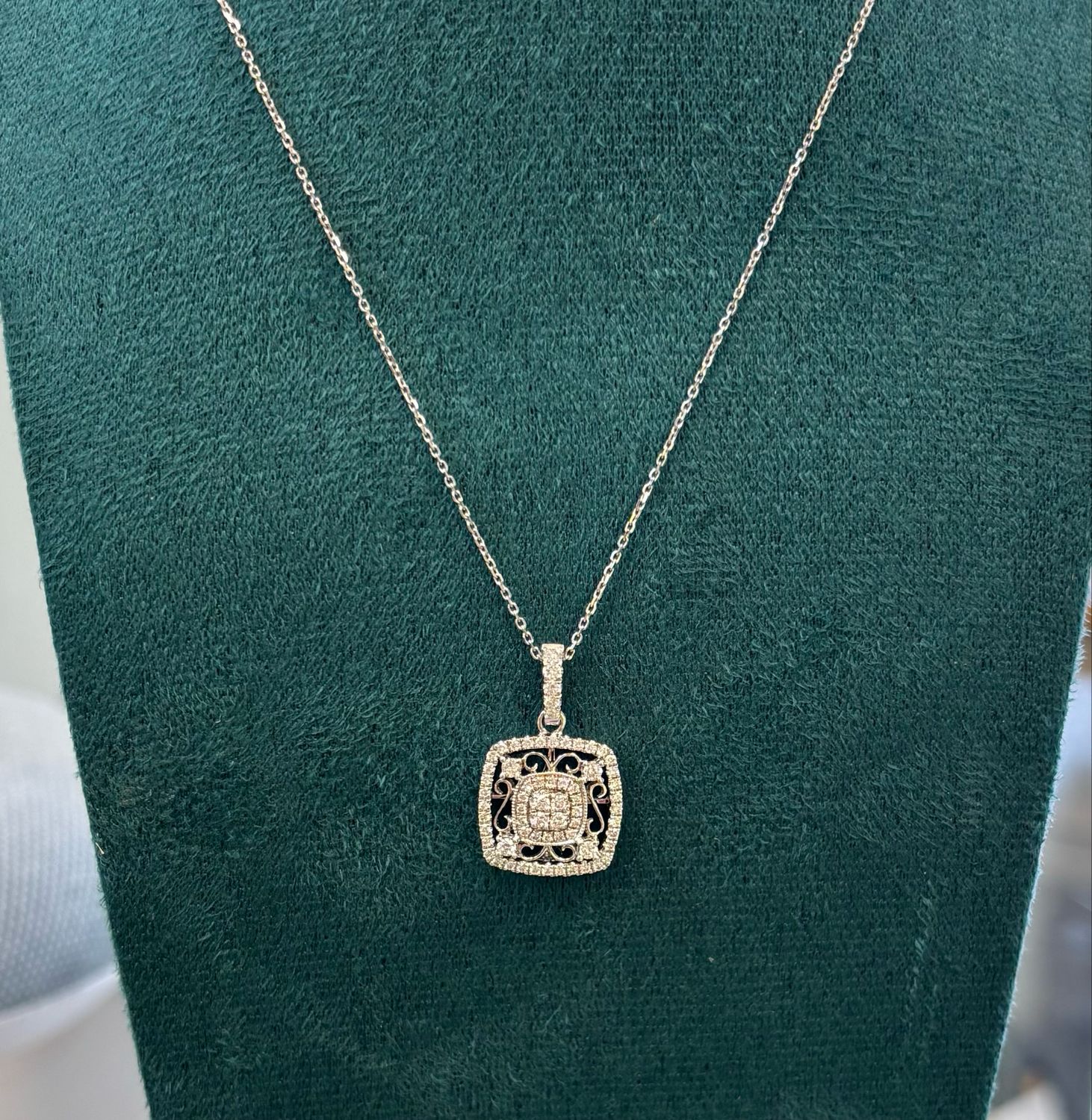 18ct White Gold Filigree Diamond Square Diamond Pendant