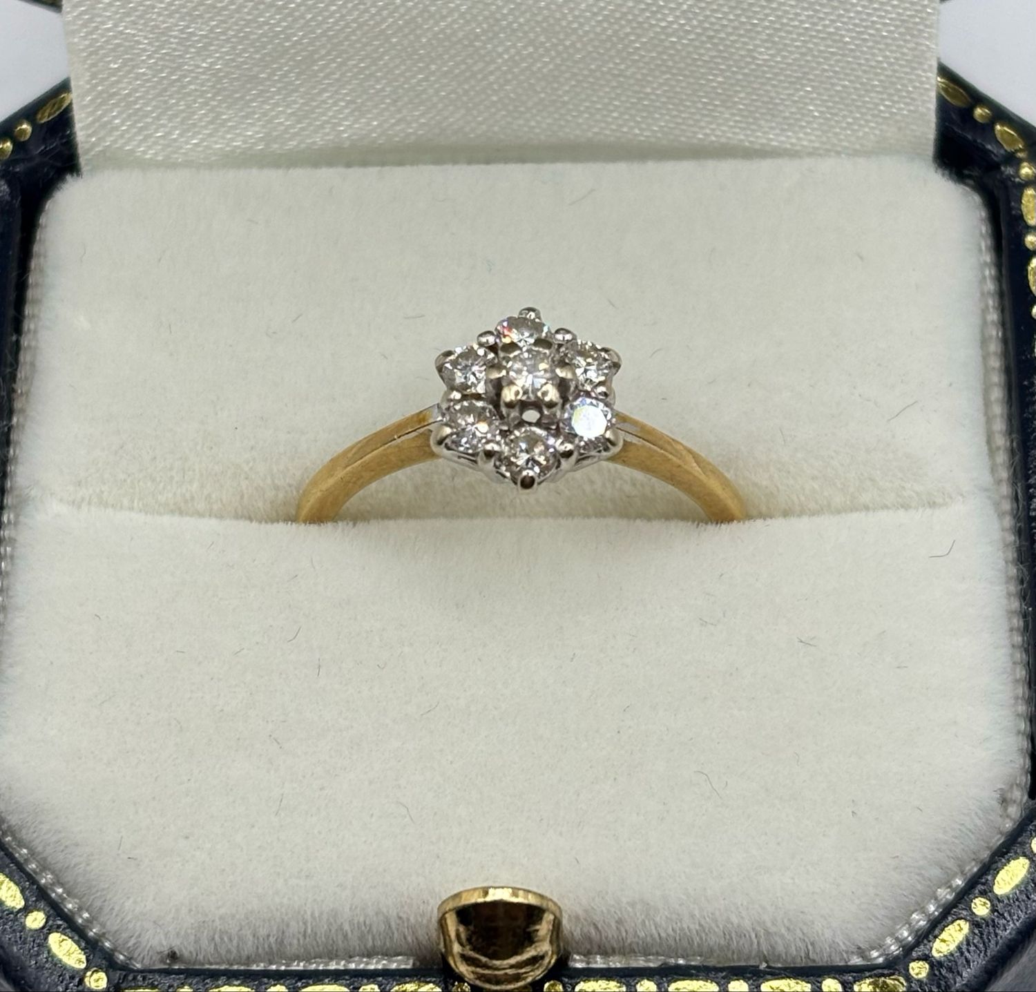 C.1993 Vintage 18ct Gold & Platinum 7 Diamond Cluster Ring