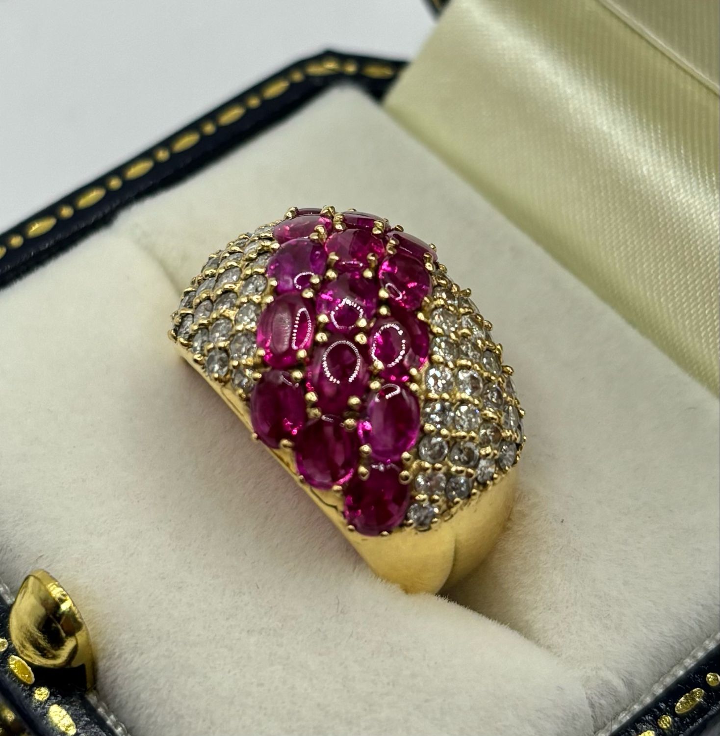 Vintage 18ct Gold Bombe Ring With 3.50cts Of Cabochon Rubies And 1.50cts Of Brilliant Cut Pave Diamonds
