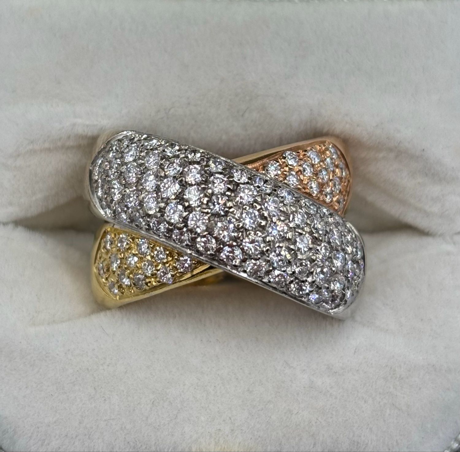 Stunning Tri Colour Gold 18ct Pave Diamond Crossover Band Ring Aprox 2cts Diamonds