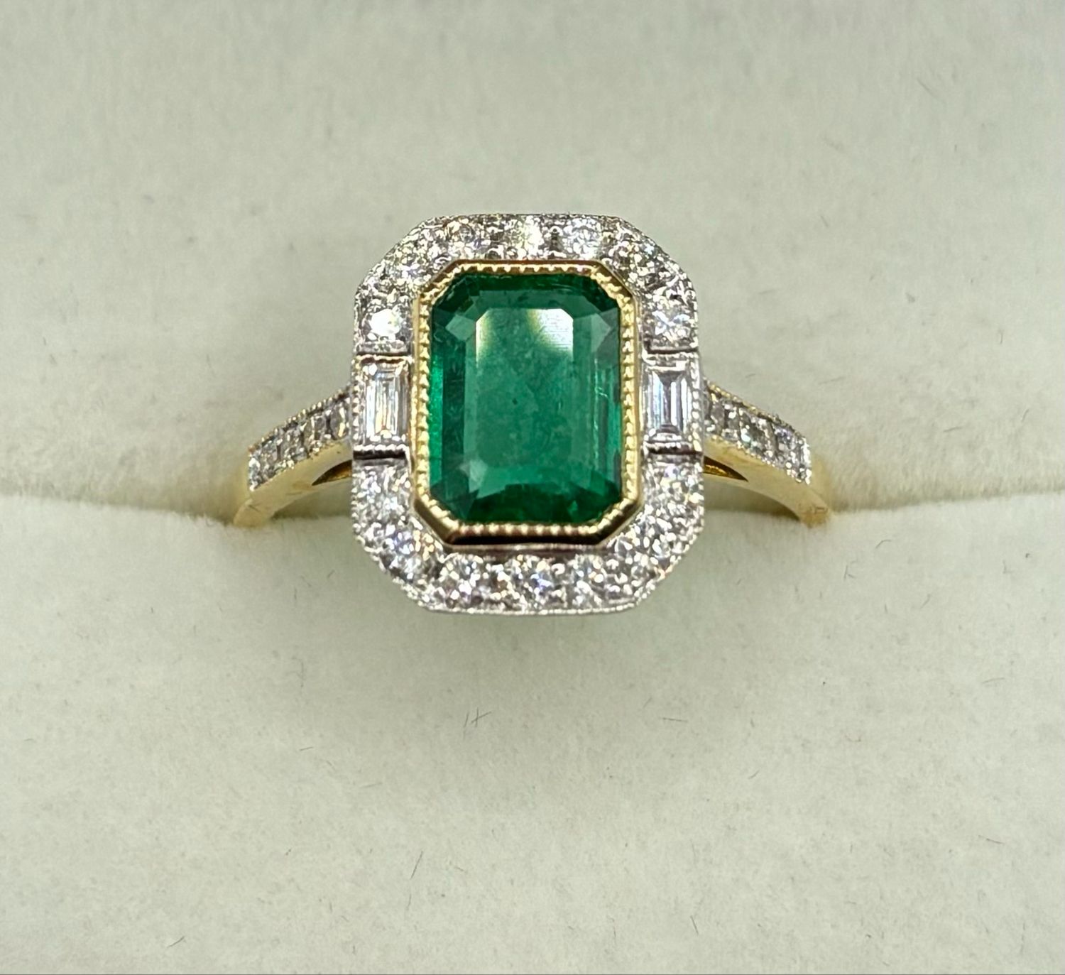 18ct Yellow Gold 1.30ct Emerald & .40ct Diamond Deco Style Ring In A Mill Grain Setting
