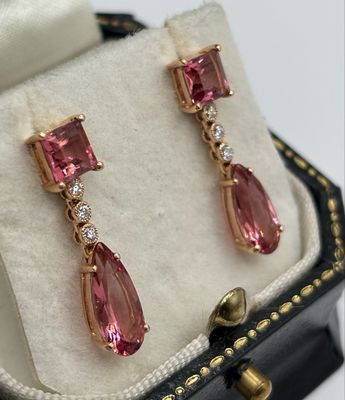 Stunning 3.50ct Pink Tourmaline And Diamond 18ct Rose Gold Pear Drop Earrings