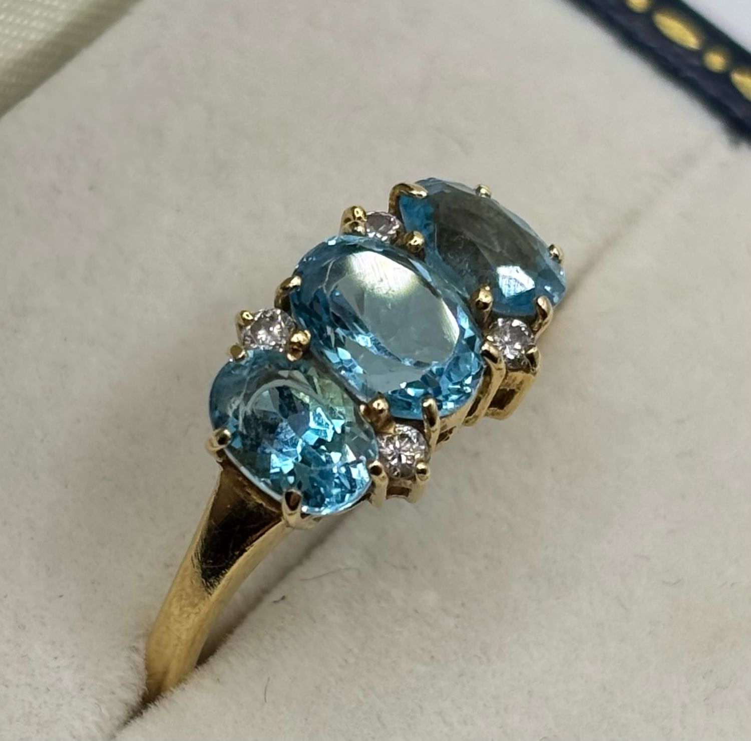 Vintage Blue Topaz And Diamond Three Stone Ring Set In 18ct Yellow Gold