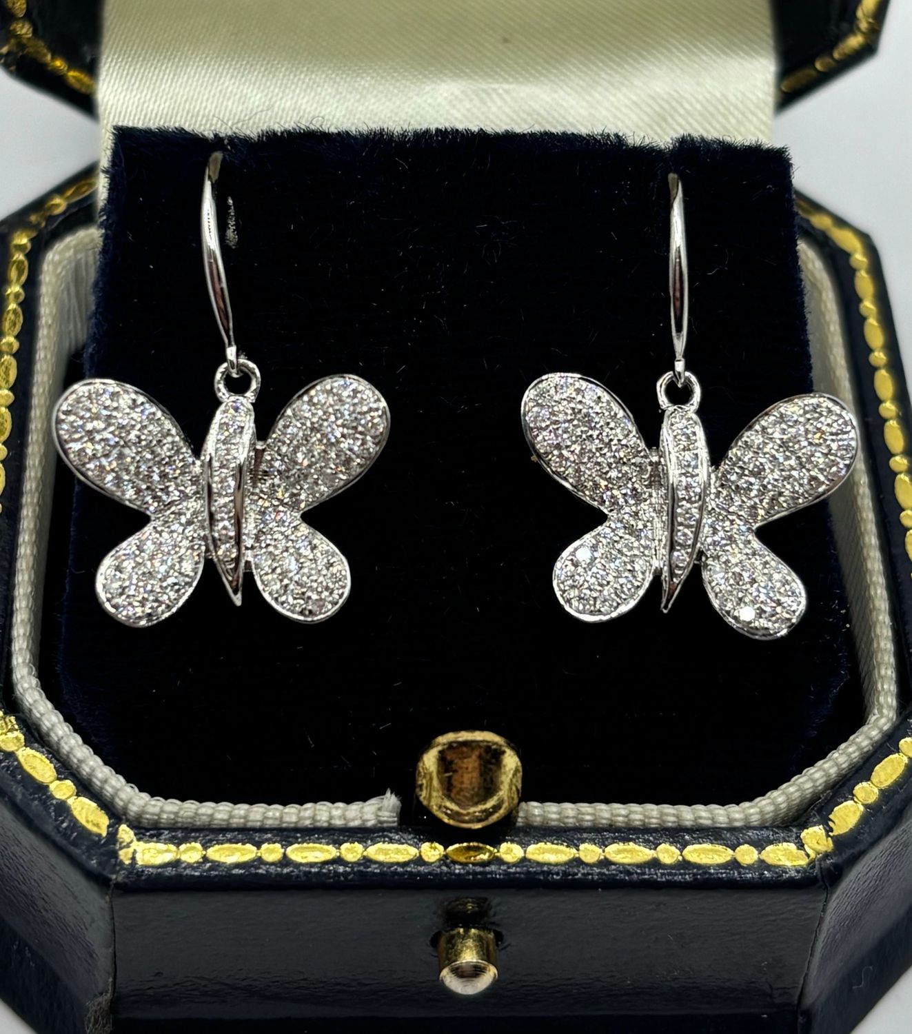 18ct White Gold Pave Diamond Butterfly Drop Gorgeous Earrings