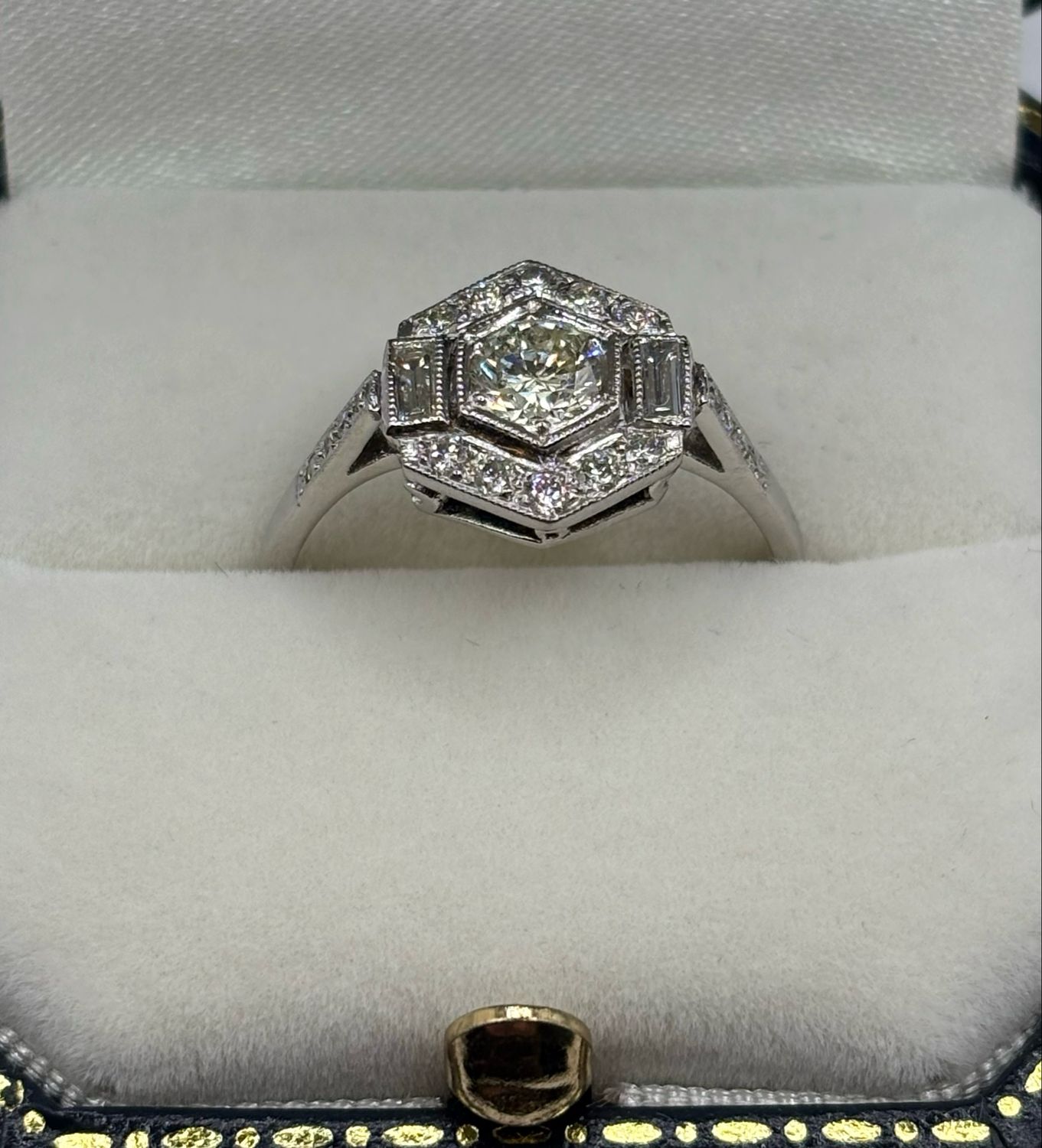 Platinum Deco Style Diamond Ring In Hexagonal Shape Aprox .95ct
