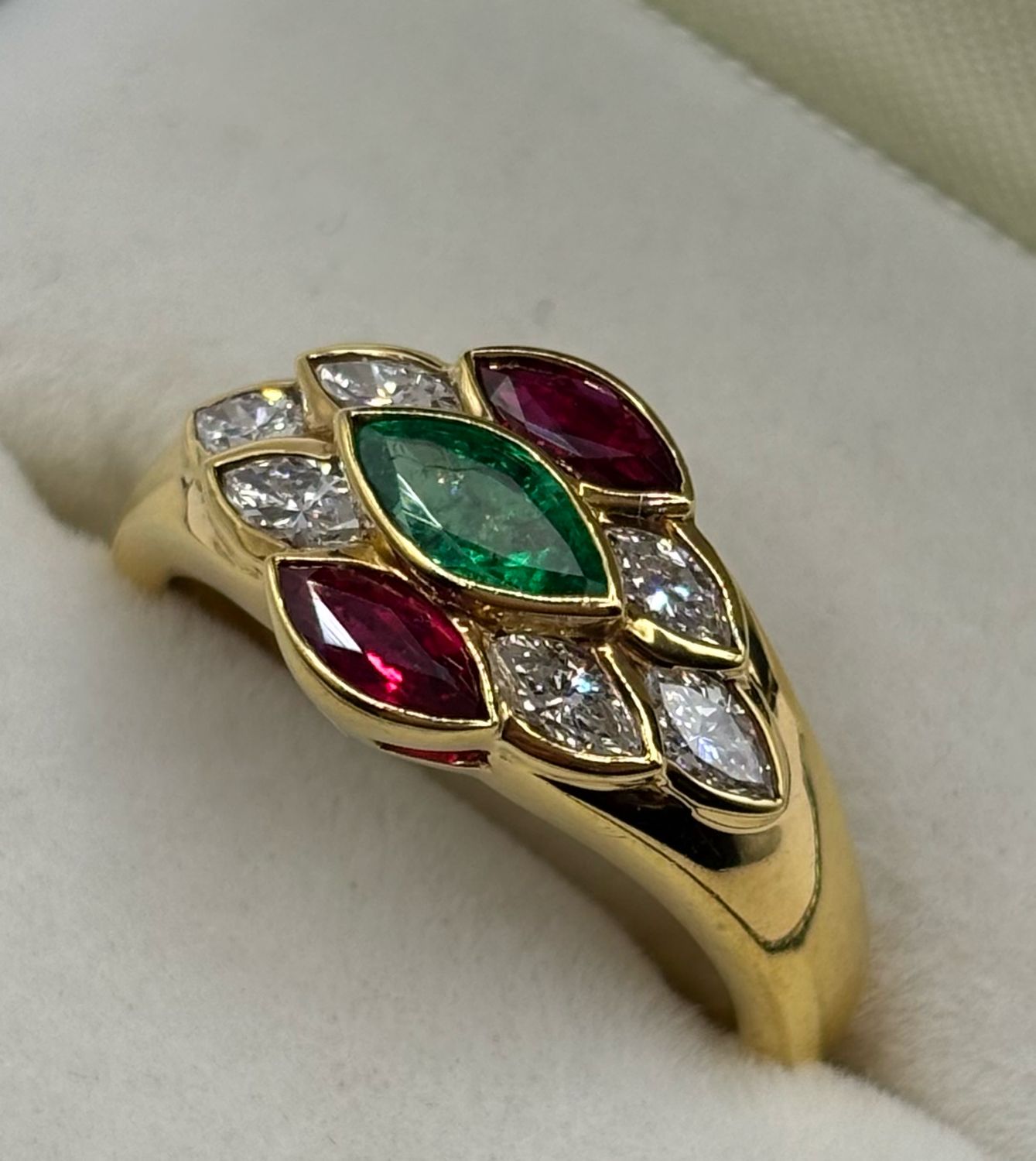 Unusual Marquise Emerald, Ruby & Diamond Ring In 18ct Yellow Gold