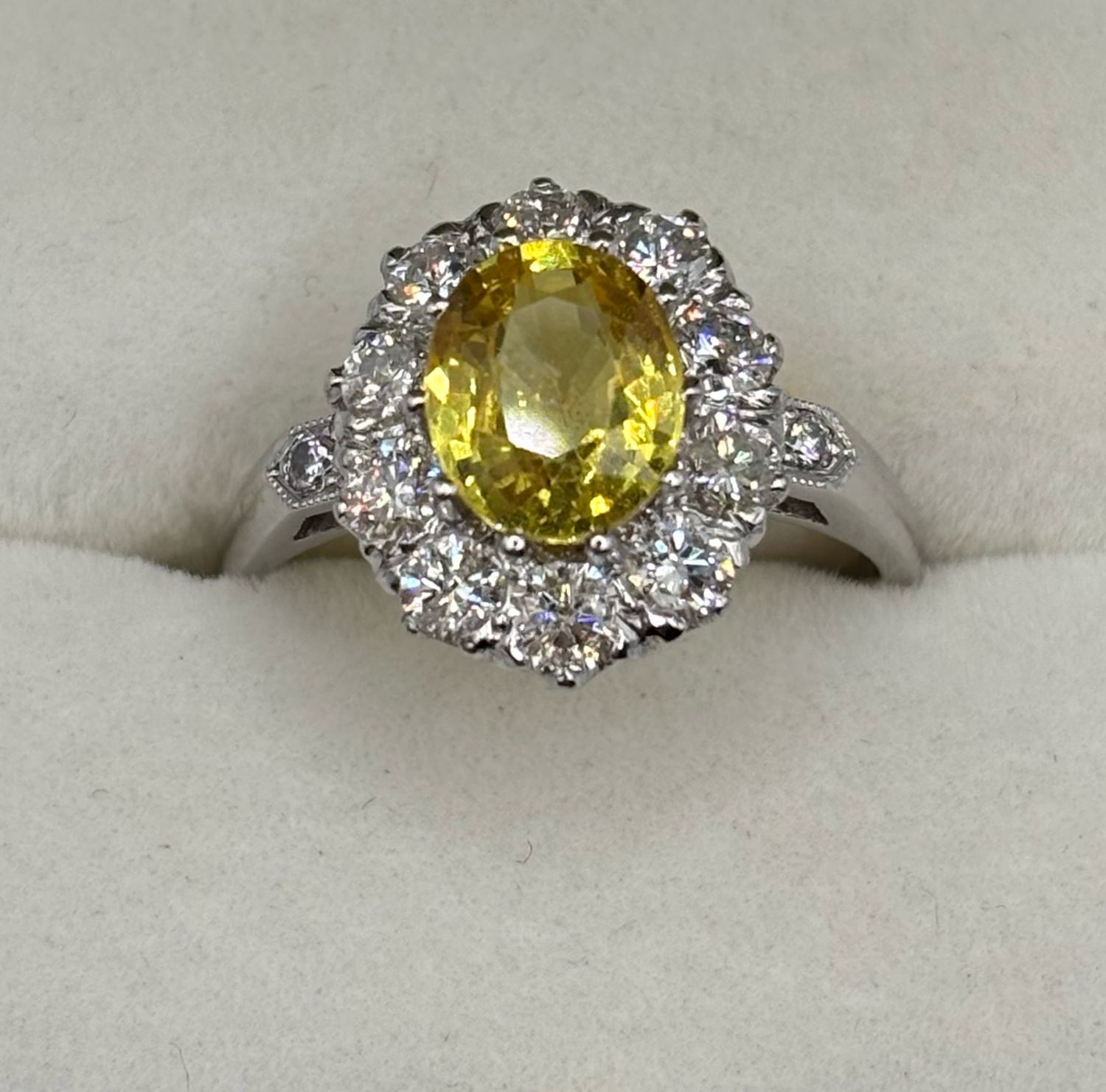 Platinum 2ct Oval Yellow Sapphire & .90ct Diamond Crown Cluster Ring