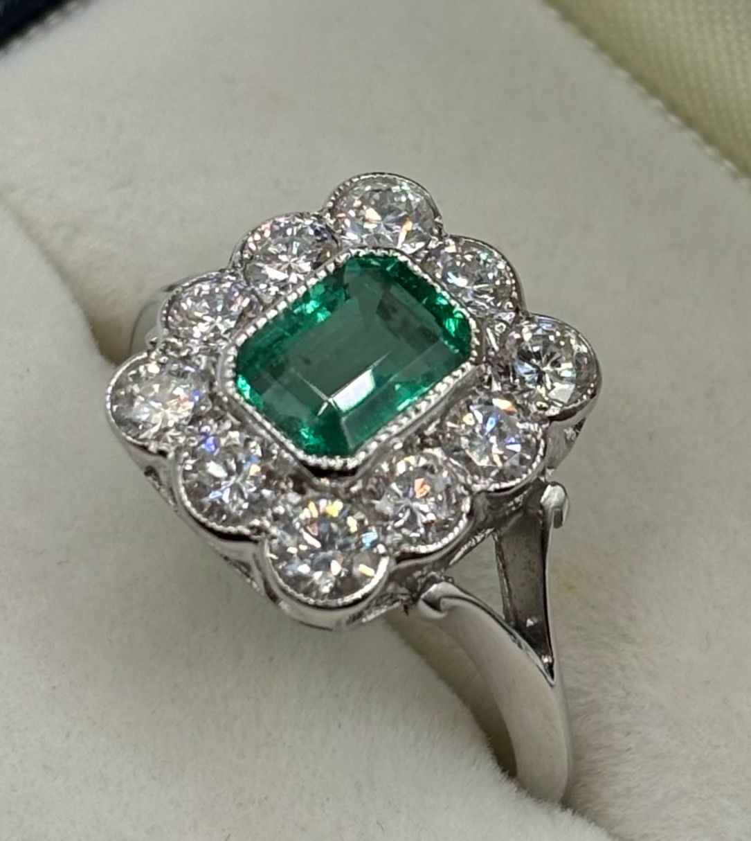 Platinum 1ct Fine Quality Emerald & .90ct Brilliant Cut Diamond Cluster Ring