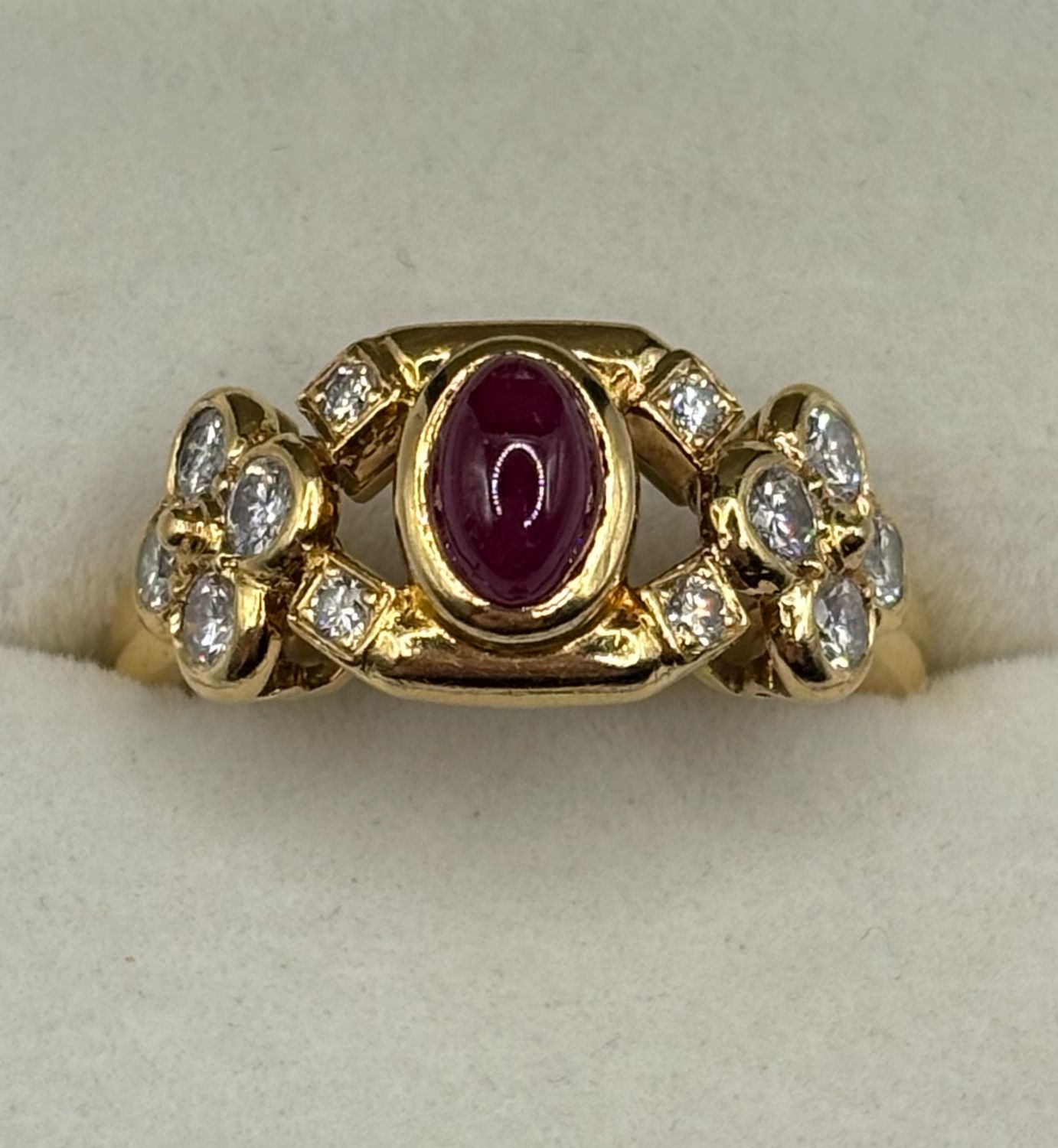 Burma Ruby & Diamond 18ct Yellow Gold Cluster French Ring