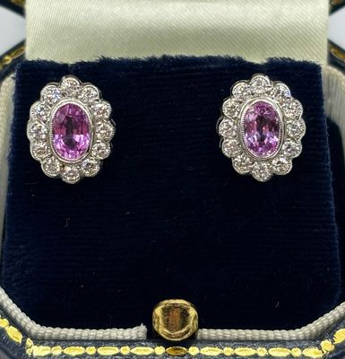 18ct White Gold 1.50ct Pink Sapphire & .55ct Diamond Oval Cluster Earrings £