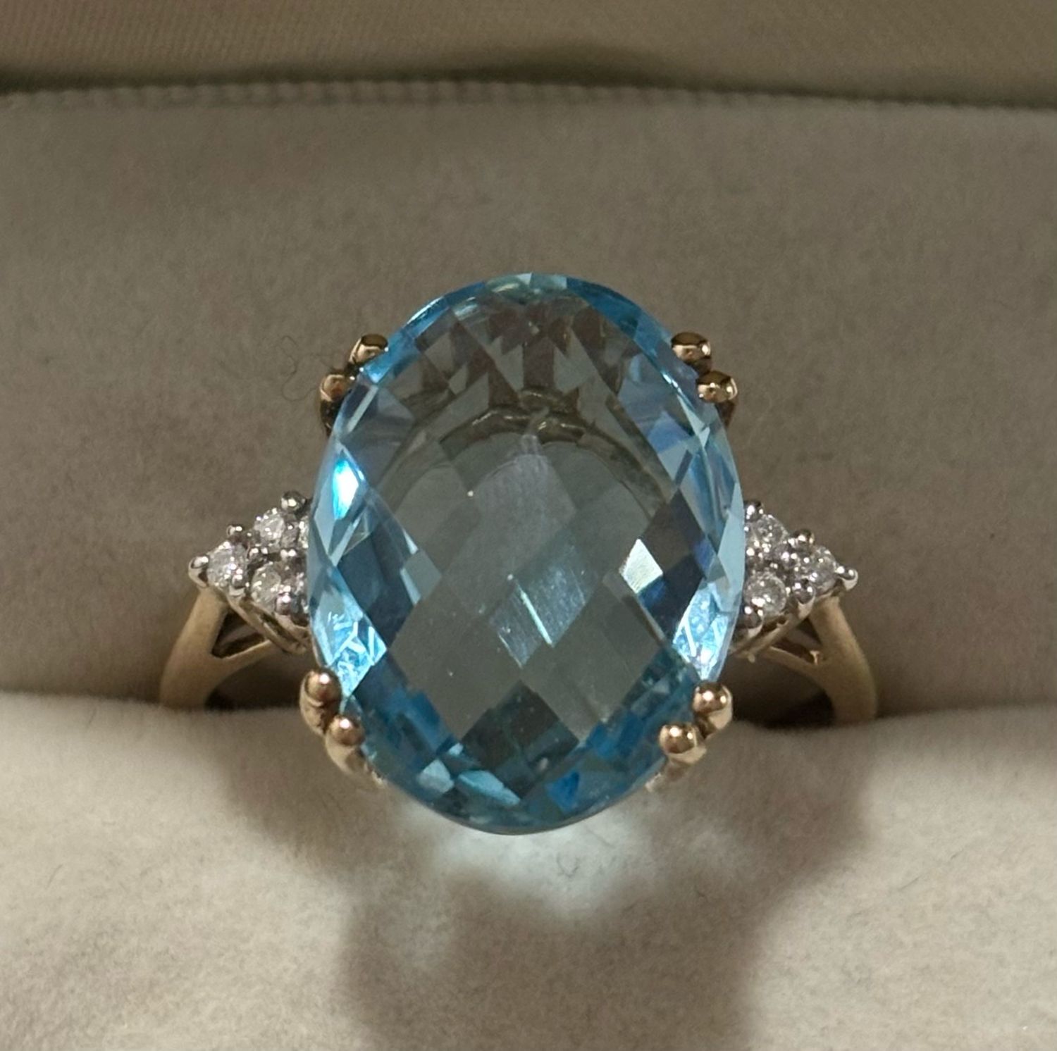 9ct Yellow Gold Large Oval Faceted Oval Blue Topaz Modern Ring With Diamond Shoulders
