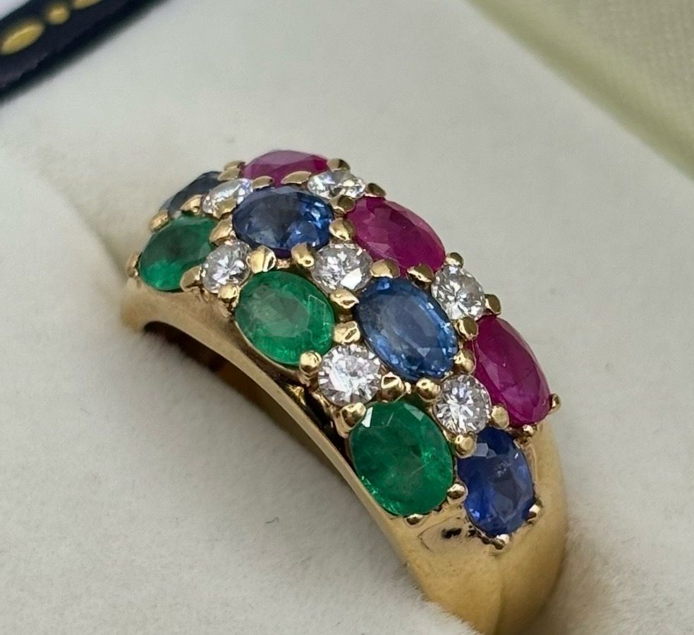 Preloved 18ct Yellow Gold Ruby, Sapphire, Emerald & Diamond Band Ring