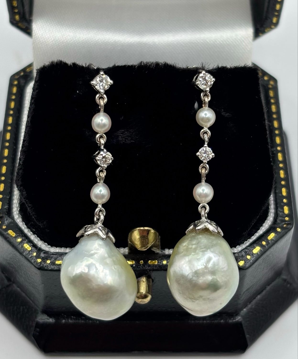 18ct White Gold Drop Earrings With Southsea Pearls, Seed Pearls And Diamonds