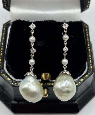 18ct White Gold Drop Earrings With Southsea Pearls, Seed Pearls And Diamonds