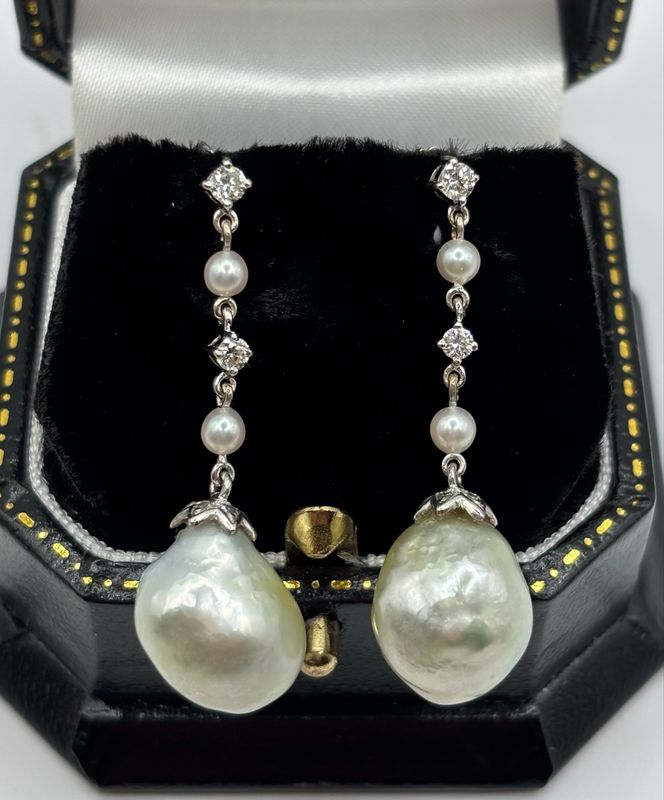 18ct White Gold Drop Earrings With Southsea Pearls, Seed Pearls And Diamonds