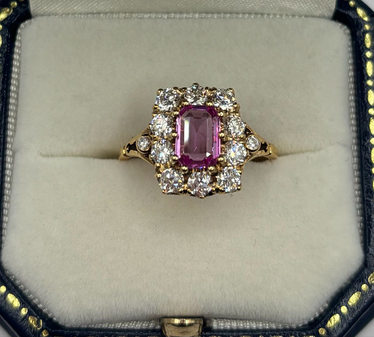 Stunning 1ct Emerald Cut Pink Sapphire & .90ct Diamond 18ct yellow Gold Cluster Ring
