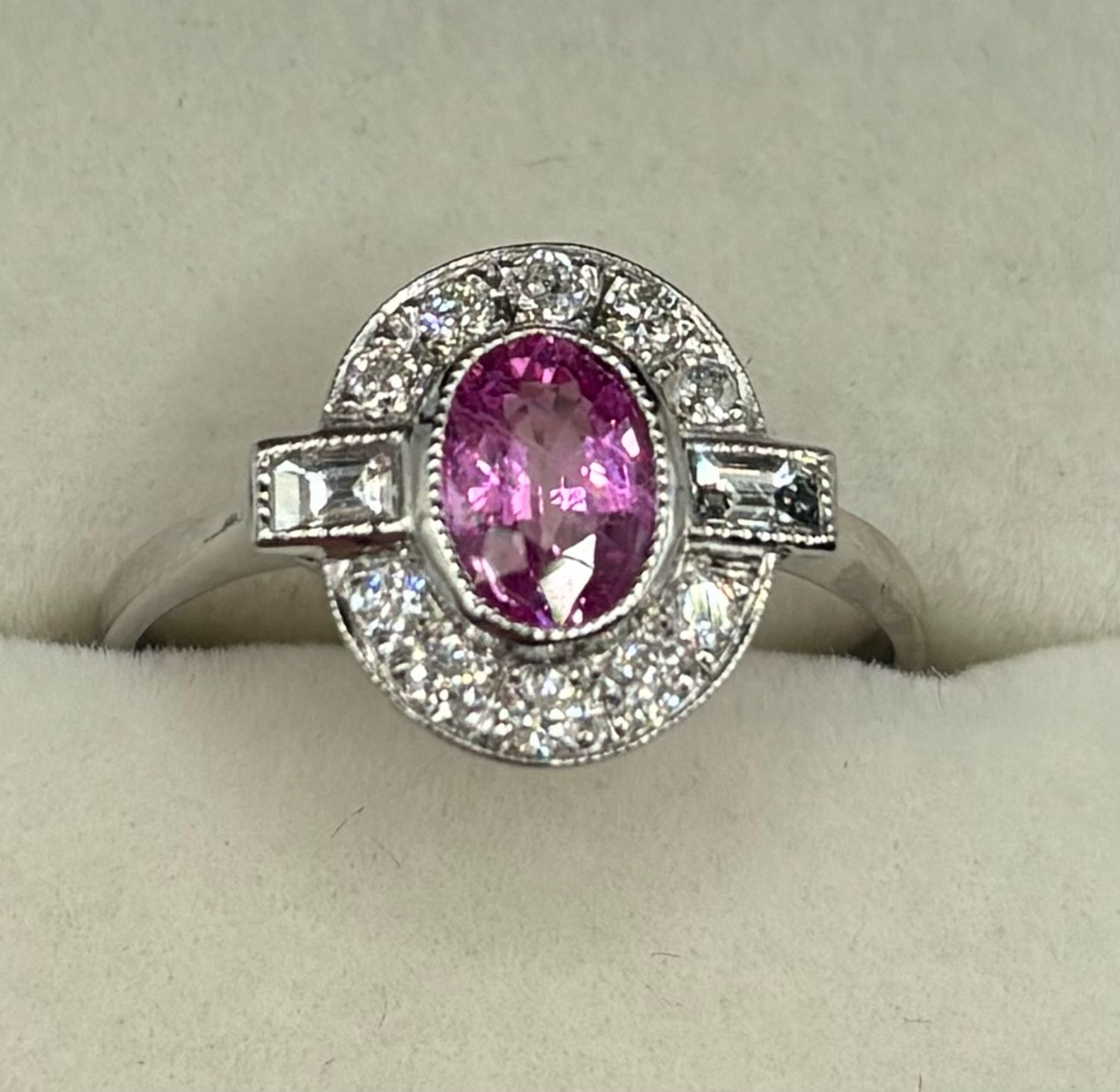 Platinum Deco Style 1ct Pink Sapphire & .40ct Diamond Ring