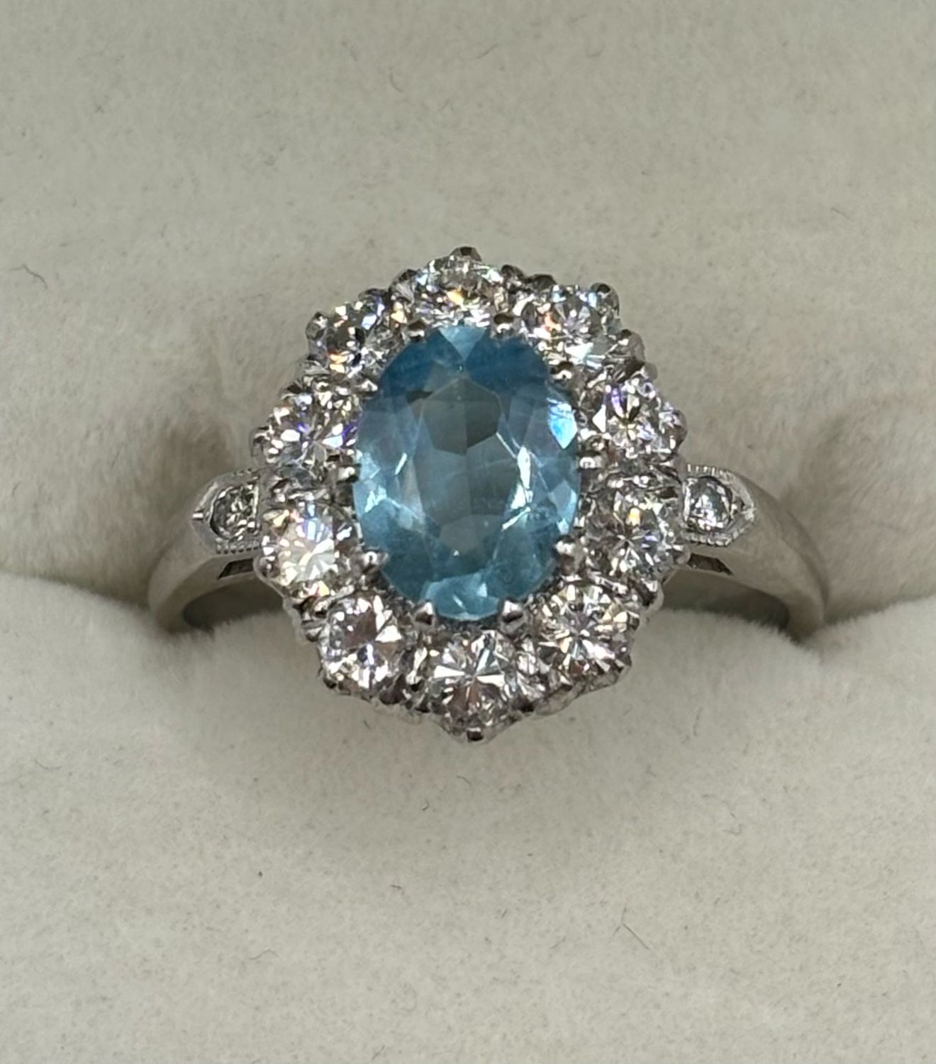 Vintage Platinum 1.10ct Diamond & .80ct Aquamarine Oval Cluster Ring