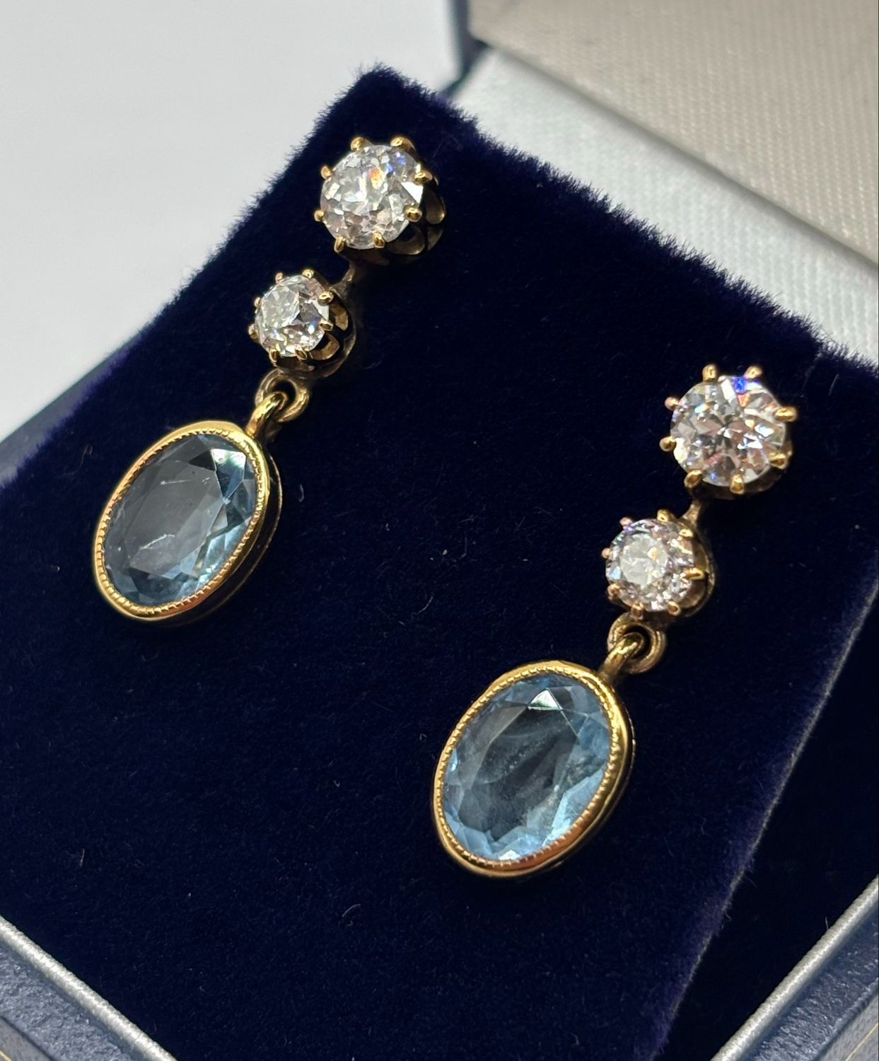 Vintage 18ct Gold Aquamarine & Diamond Drop Earrings