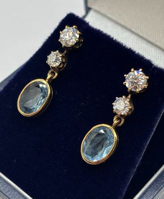 Vintage 18ct Gold Aquamarine & Diamond Drop Earrings
