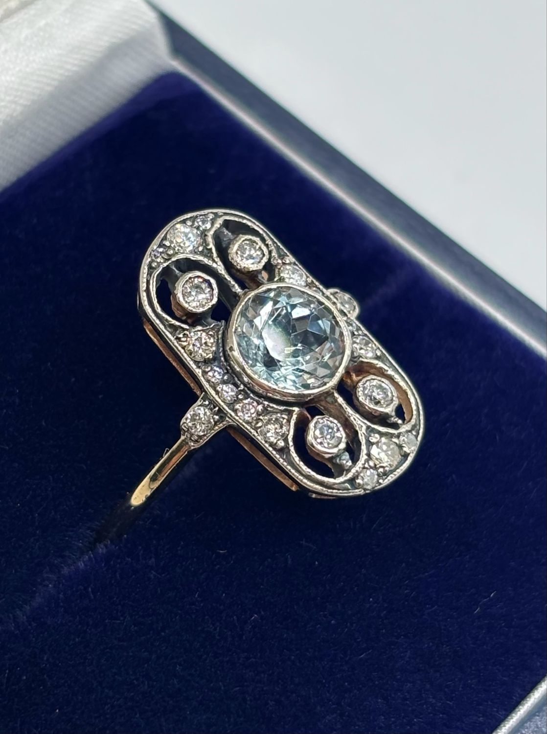 Vintage Art Deco 15ct Gold And Silver 1ct Pale Aquamarine & .50ct Diamond Ring
