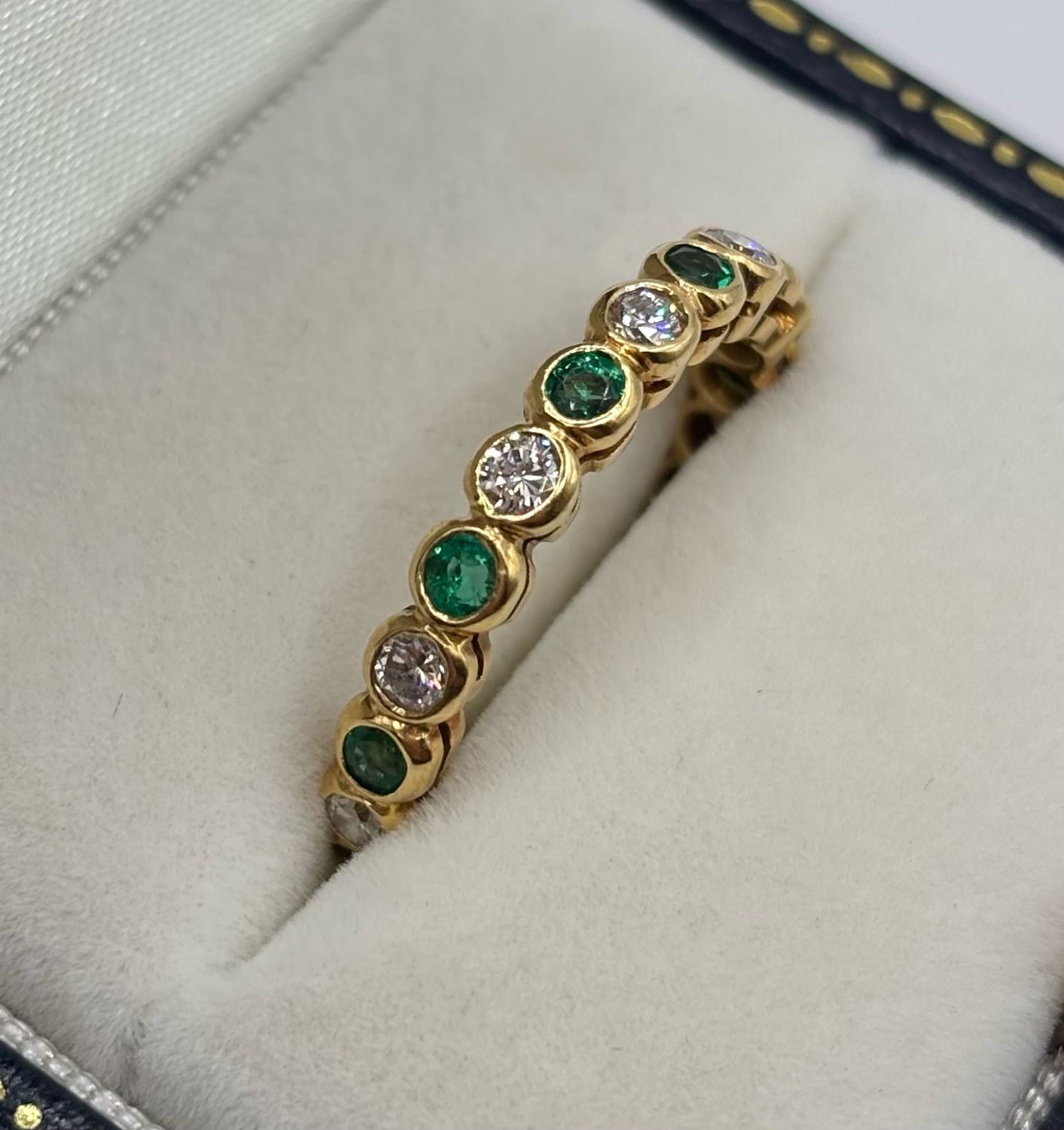 18ct Yellow Gold Emerald And Diamond Bezel Set Eternity Modern Ring