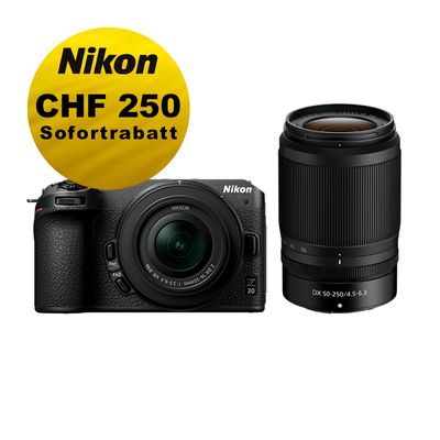 Nikon Z30 Kit mit 16-50mm + 50-250mm VR - ''Swiss Garantie'' - inkl. CHF 250 Sofortrabatt Nikon Z30 Kit mit 16-50mm + 50-250mm VR - ''Swiss Garantie'' - inkl. CHF 250 Sofortrabatt