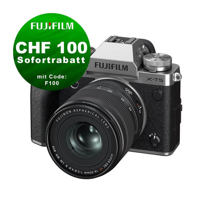 Fujifilm X-T5 Kit mit 16-50mm 2.8-4.8 (silver) - ''Swiss Garantie'' - CHF 100 Rabatt mit Code F100 Fujifilm X-T5 Kit mit 16-50mm 2.8-4.8 (silver) - ''Swiss Garantie'' - CHF 100 Rabatt mit Code F100
