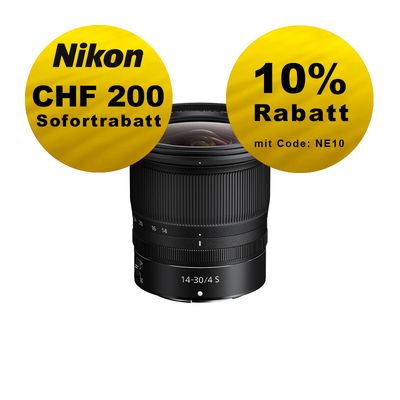 Nikon Z 14-30mm 4.0 S - ''Swiss Garantie'' - inkl. CHF 200 Sofortrabatt Nikon Z 14-30mm 4.0 S - ''Swiss Garantie'' - inkl. CHF 200 Sofortrabatt