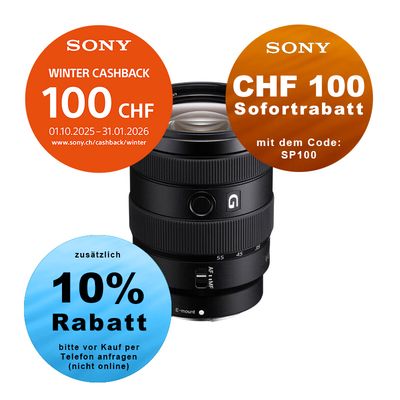 Sony E 16-55mm 2.8 G - ''4 Jahre Garantie'' - inkl. CHF 100.- Cashback + CHF 100 Sofortrabatt mit Code SP100 Sony E 16-55mm 2.8 G - ''4 Jahre Garantie'' - inkl. CHF 100.- Cashback + CHF 100 Sofortrabatt mit Code SP100