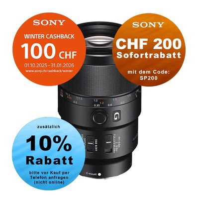 Sony FE 90mm 2.8 G OSS Macro - ''4 Jahre Garantie'' - CHF 100.- Cashback + CHF 200 Sofortrabatt mit Code SP200 Sony FE 90mm 2.8 G OSS Macro - ''4 Jahre Garantie'' - CHF 100.- Cashback + CHF 200 Sofortrabatt mit Code SP200