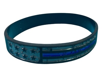 Distressed Blue Line w/ Stars Black Silicone Bracelet