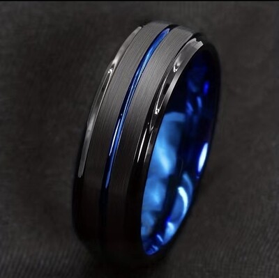Stainless Steel  Black & Metallic Blue Line Ring