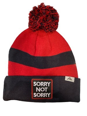 Embroidered Patch Knitted Pom Beanie - Black/Red Stripe Sorry Not Sorry