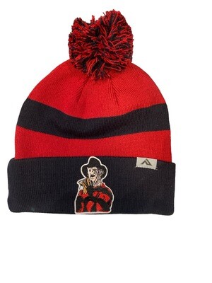 Embroidered Patch Knitted Pom Beanie - Black/Red Stripes Freddy Kruger