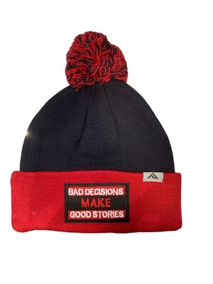 Embroidered Patch Knitted Pom Beanie - Red/Black Bad Decisions