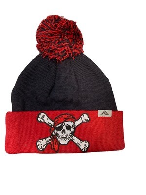 Embroidered Patch Knitted Pom Beanie - Red/Black Pirate Skull