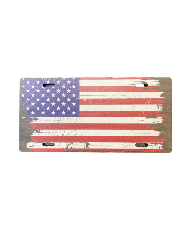 Double Sided Front License Plate Tattered American Flag RWB/B&W