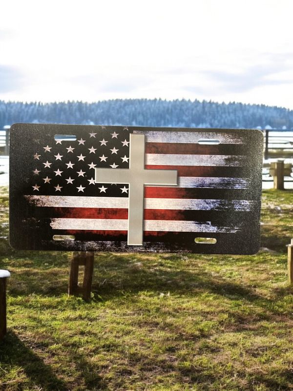 Aluminum Front License Plate Cross With American Flag