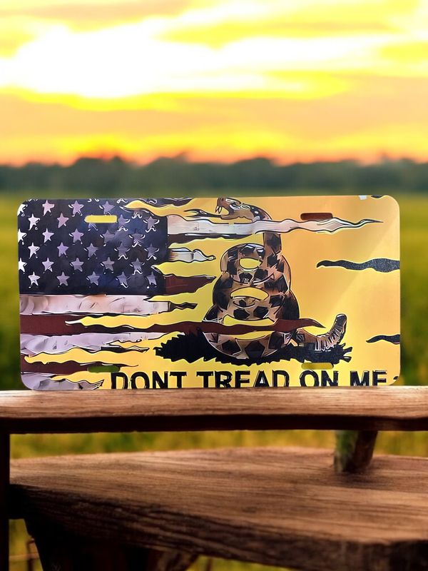 Aluminum Front License Plate Don't Tread With American Flag Tattered