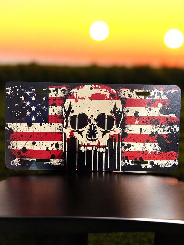 Aluminum Front License Plate Dripping Skull With American Flag Tattered