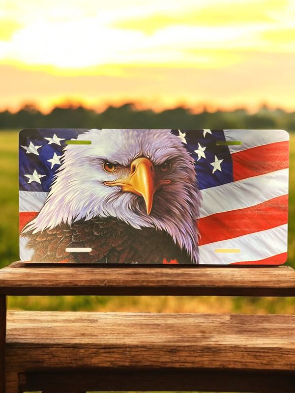 Aluminum Front License Plate Eagle With Flag
