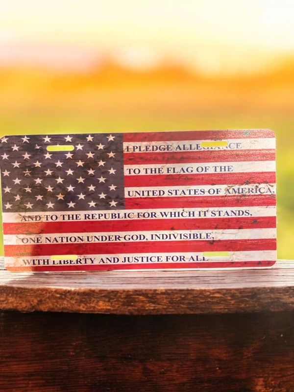 Aluminum Front License Plate Pldege Of Allegiance In American Flag