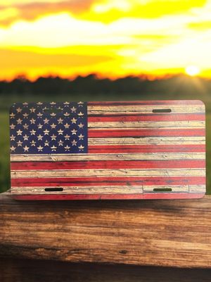 Aluminum Front License Plate Tattered Wood Grain American Flag